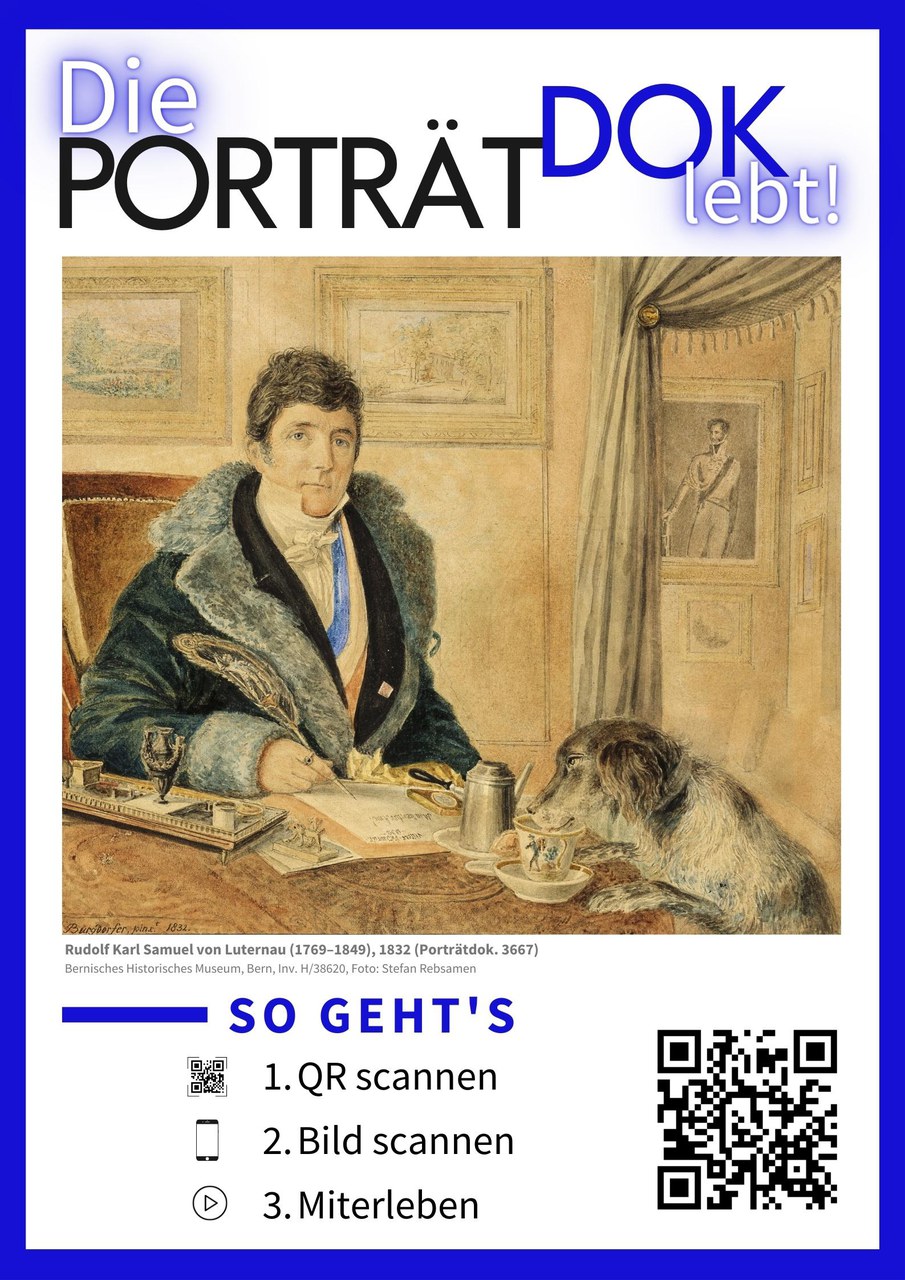 Flyer Rudolf Karl Samuel von Luternau mit QR-Code um die Bilder zum Sprechen zu bringen.