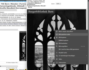 Screenshot des Archivkatalogs zeigt wie ein Vorschaubild heruntergeladen werden kann.