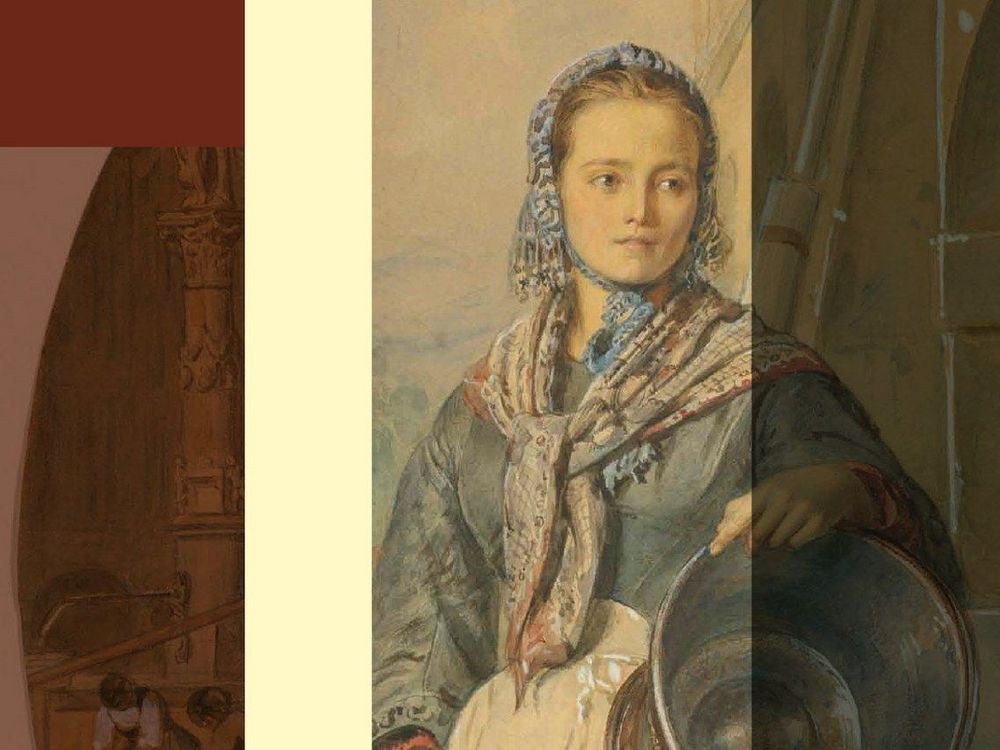 Ein sitzendes Dienstmädchen, eine Hand die Schürze greifend, die andere Hand einen Zuber stemmend, schaut in die Ferne.