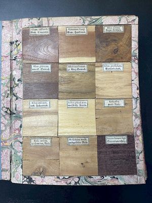 Foto des Buchs zeigt in quadratische, beschriftete Holzmuster, welche in einem 3 * 4 Raster angeordnet sind.