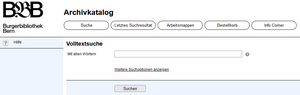 Screenshot des Archivkatalogs zeigt das Feld "Volltextsuche".