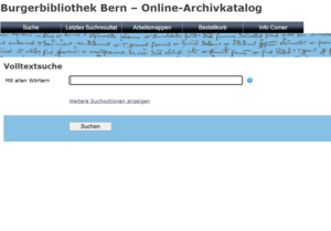 Screenshot des Archivkatalogs zeigt das Feld "Volltextsuche".