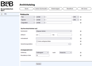 Screenshot des Archivkatalogs zeigt die Feldsuche.