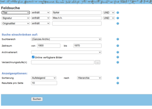 Screenshot des Archivkatalogs zeigt die Feldsuche.