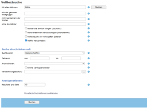 Screenshot des Archivkatalogs zeigt die erweiterte Volltextsuche.
