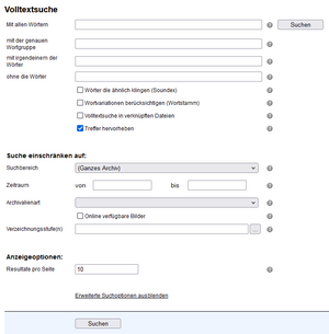 Screenshot des Archivkatalogs zeigt die erweiterte Volltextsuche.