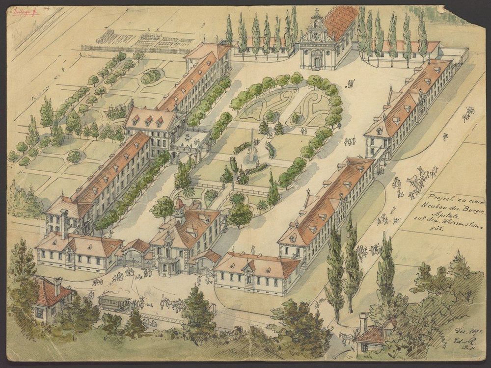 Karte zeigt Entwurf für das Burgerspital auf dem Weissensteingut aus der Vogelperspektive. Die Gebäude säumen einen grosszügigen Park.