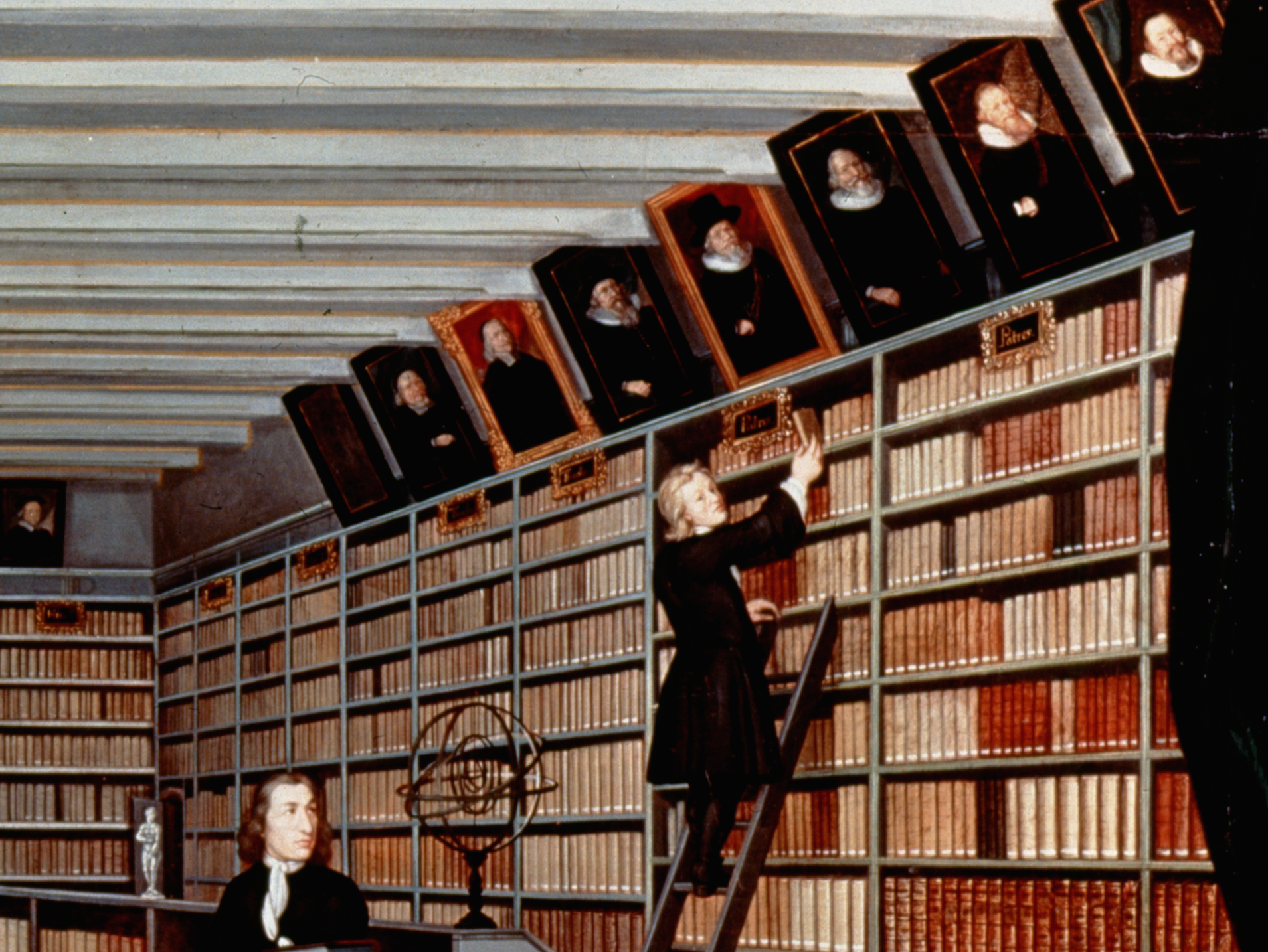 Ausschnitt aus einem Gemälde zeigt eine Person, welche auf einer Leiter steht um ein Buch aus einem höher gelegenen Tablar rauszusuchen.