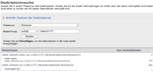 Screenshot der Deskriptorensuche.