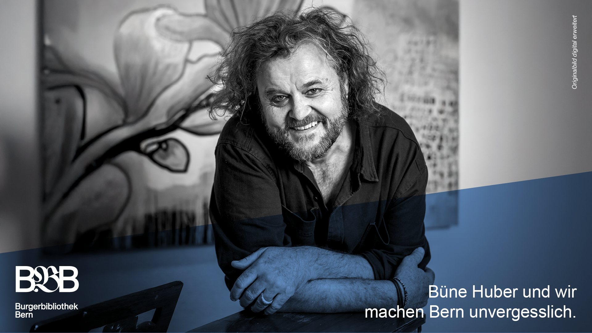 Portraifoto Büne Huber. Text: Büne Huber und wir machen Bern unvergesslich.