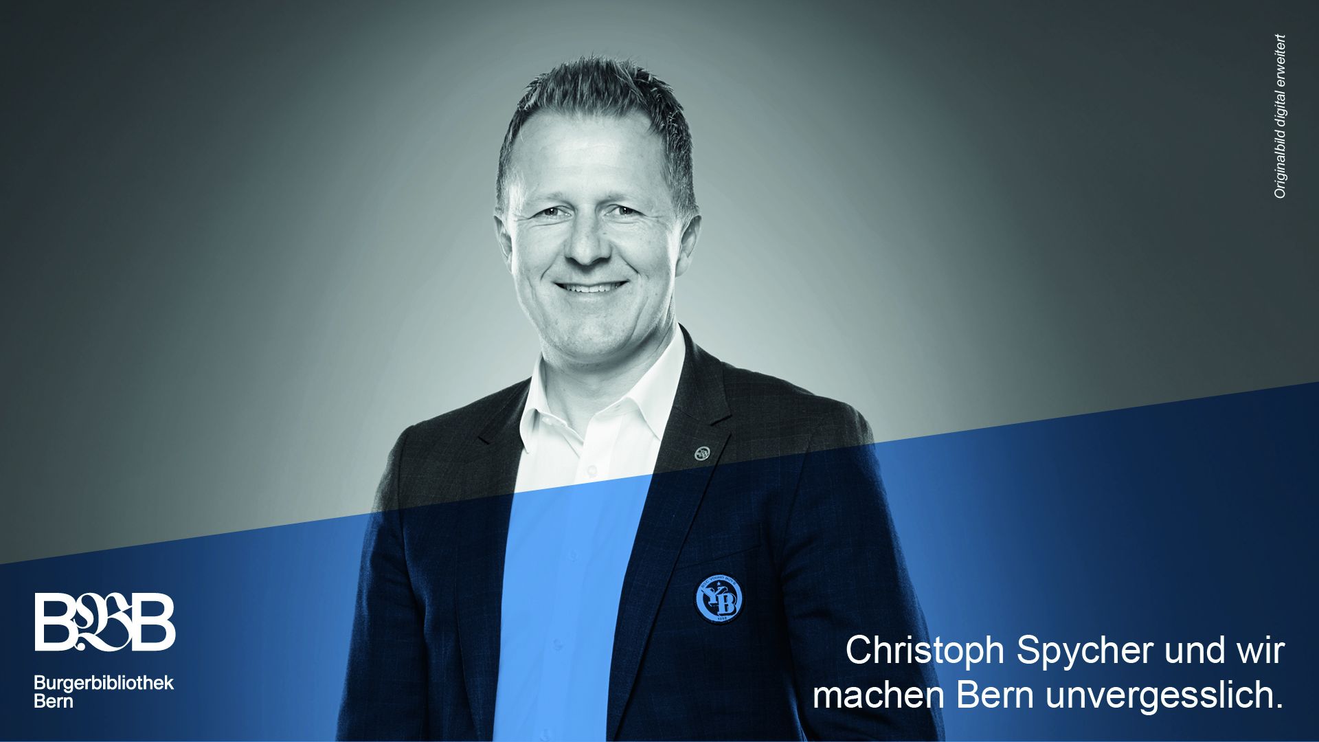 Portraifoto Christoph Spycher. Text: Christoph Spycher und wir machen Bern unvergesslich.