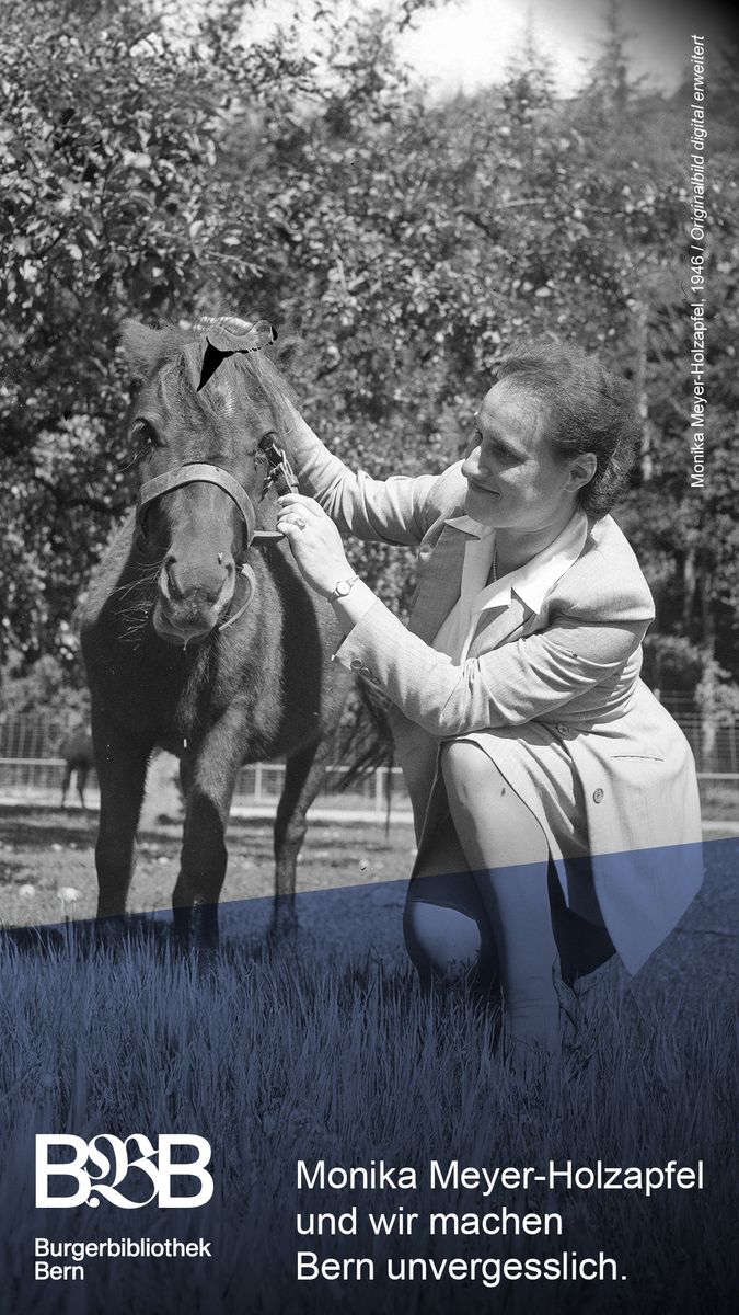 Portraitfoto Monika Meyer-Holzapfel. Text: Monika Meyer-Holzapfel und wir machen Bern unvergesslich.