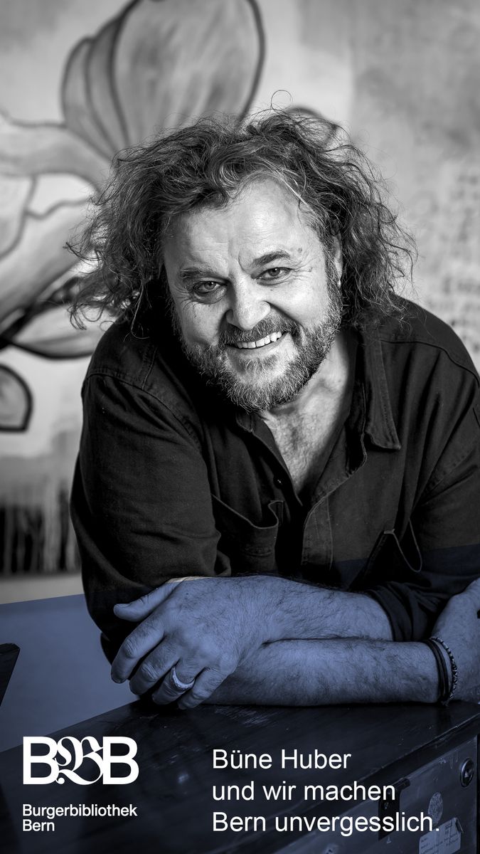 Portraifoto Büne Huber. Text: Büne Huber und wir machen Bern unvergesslich.