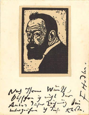 Carte dédicacée, avec une gravure sur bois de Ferdinand Hodler. Cote: AS 2 (35)